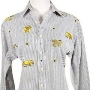 Studz Connection Womens Sm Pinstripe Safari Animal Gold Embroidered Shirt Black